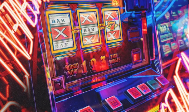 Bright and dynamic slot machine reels with flashing lights and jackpot symbols.